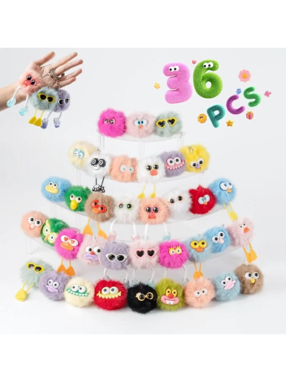 36 Plush Keychains - Cute Fuzzy Keychains for Kids, Birthday Party Favors